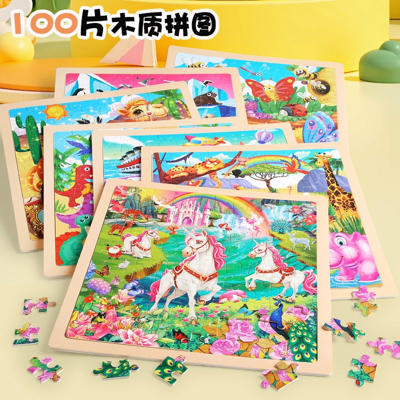 100 Children'S Wooden Cartoon Animal Dinosaur Plane Wooden Puzzle Boys And Girls Baby Early Education Educational Toys - Image 2